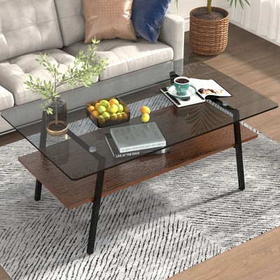 Sapphtopaz Coffee Table Rectangle Center Dining Table with Tempered Glass Tabletop and 2-Layer Storage Rack for Living Room, Apartment