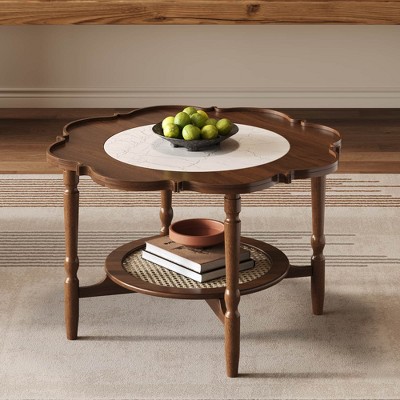 Angel Sar Mid-Century Petal Shape Coffee Table with White Crackle Glass Top, 2-Tier Rattan Shelf, Walnut Finish for Living Room