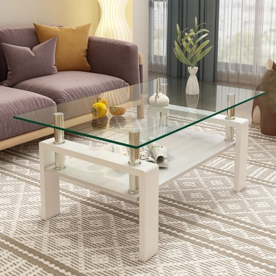 Rectangle Coffee Table with Glass Top and MDF Layer, Modern Living Room Table