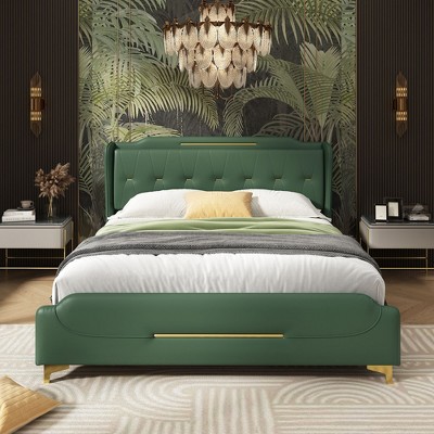 Sapphtopaz Leather Bed Frame PU Upholstered Platform Bed with Wingback Headboard & Footboard, Solid Wooden Slats Support, No Box Spring Needed