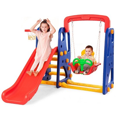 Costway 3 in 1 Junior Children Climber Slide Swing Seat Basketball Hoop Playset
