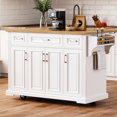LOVSON 54''kitchen island with rubberwood folding leaf panels, 4 doors and 3 drawers, roller kitchen cart, suitable for kitchen and dining room, white