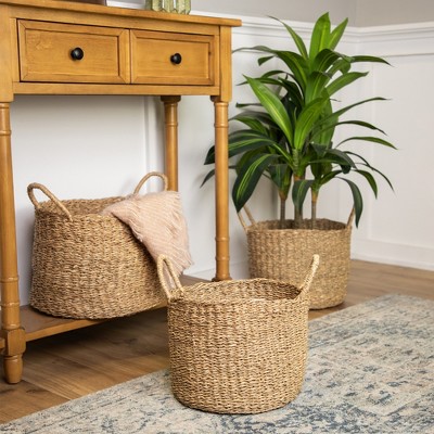 Northlight Natural Beige Round Seagrass Table and Floor Baskets - Set of 3