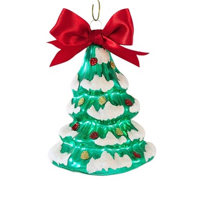 Craftoutlet.Com 4.0 Inch Snow Tipped Green Tree With Bow Christmas Tree Ornament , Glittered Ornaments (1PC)