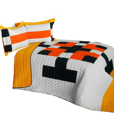 Slickblue Handmade Full/Queen Quilt Set, 100% TC Fabric, Geometric Patchwork Design, Green/Red, 3-Piece Set