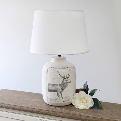 Rustic Deer Buck Nature Printed Ceramic Accent Table Lamp with Fabric Shade White - Simple Designs: ETL Listed, No Assembly Required