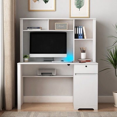 Computer Desk With Hutch and Bookshelf, Farmhouse Home Office Desk Writing Table With Drawer, 3 AC Outlets And 2 USB Charging Ports