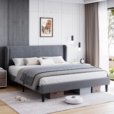 Upholstered Bed Frame with Wingback Headboard, Velvet Upholstery Platform Bed, No Box Spring Needed, Wood Slats Support, Easy Assembly