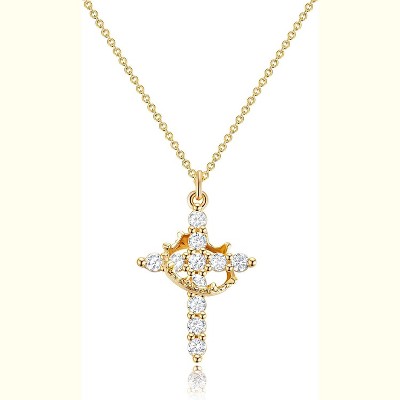 14K Gold Crown Cross Necklace for Women – Diamond Accent Pendant, Faith Jewelry & Communion Gift