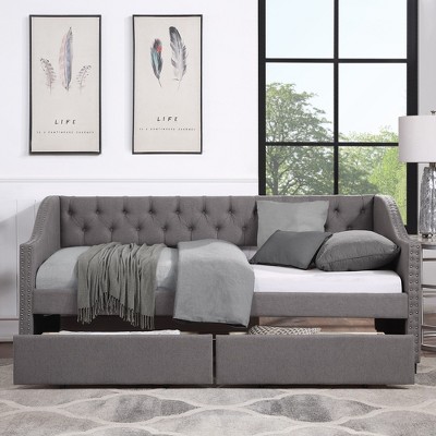 YOOCOZZ Twin Size Upholstered Daybed with Diamond-Tufted Backrest, Rivet Armrests, 2 Storage Drawers - Gray