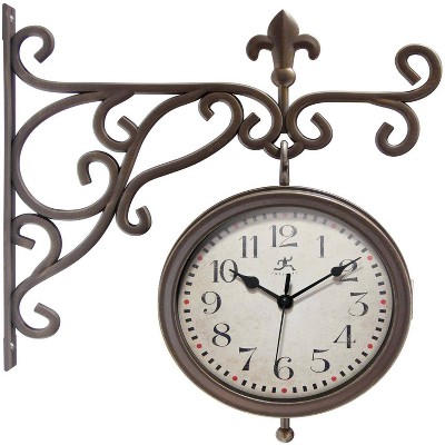 8" Beauregard Wall Clock Brown - Infinity Instruments: Dual-Faced, Indoor/Outdoor, Thermometer, Modern Style