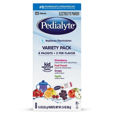 Pedialyte Powder Packs Oral Electrolyte Solution Fruit Punch / Grape / Apple / Strawberry Flavor 0.3 oz. Packet 8 Ct