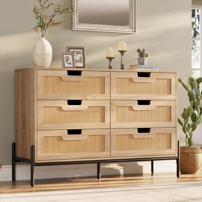 6 Drawer Dresser, Wooden Chest of Drawer, Farmhouse Storage Cabinet with Metal Legs