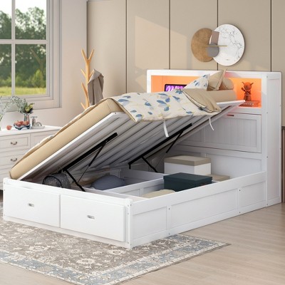 Queen Size Platform Bed with Storage LED Headboard, Charging Station and 2 Drawers