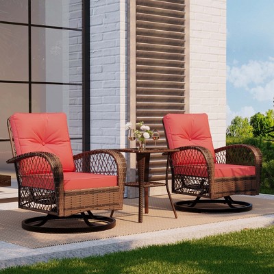 3 Pieces Outdoor Swivel Patio Rocking Chairs, Wicker Patio Bistro Furniture Set with Thickened Cushions and Tempered Glass Top Side Table for Porch
