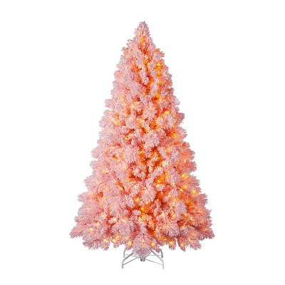 Home Heritage Pre-Lit Snowdrift Flocked Artificial Holiday Tree, Clear Lights, Natural-Looking PVC Foliage Tips, Metal Stand
