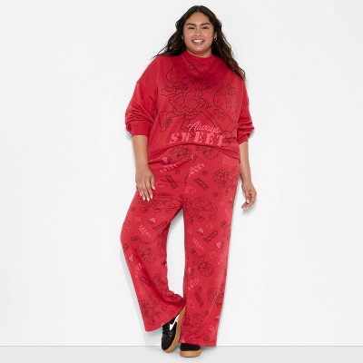 Women's Strawberry Shortcake Print Wide Leg Fleece Graphic Pants - Red