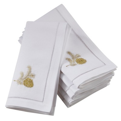 Saro Lifestyle Handmade Pine Cone Embroidery Napkin with Hemstitched Border (Set of 6), 20"x20", White