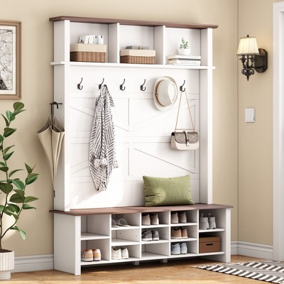 TIRAMISUBEST Farmhouse 4-in-1 Hall Tree with 6 Hooks, Practical Entryway Bench with Adjustable Shelves, Shoe Organizer with 16 Open Compartments