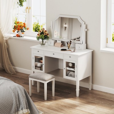 44.4in Makeup Vanity Desk with Large Adjustable Mirror, Dressing Table Set with Drawer & Cabinet, Space-Saving Beauty Station for Bedroom, White