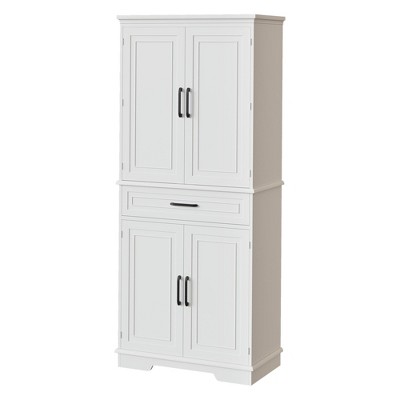 Narrow Tall Pantry Cabinet with Drawer & Adjustable Shelves - White Multi-Functional Storage Cupboard for Kitchen