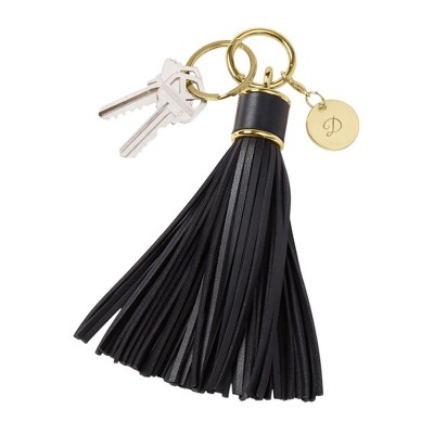 Personalization Mall Engraved Black Leather Tassel Keychain & Bag Tag