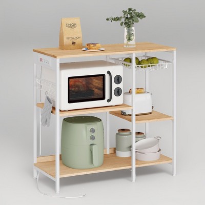 Bakers Rack, Coffee Bar Stand with Charging Station, Storage Shelves, Pull-Out Wire Basket, Table for Microwave, Kitchen
