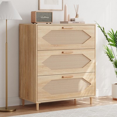 3-Drawer Rattan Dresser for Bedroom - Modern Wood Chest of Drawers - Wooden Storage Cabinet for Bedrooms, Hallways, Living Rooms