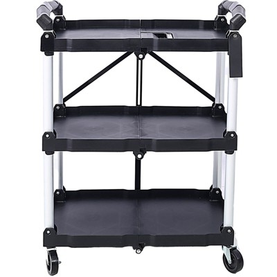 ORRD 3-Tier Folding Collapsible Service Cart – Black, 50 lb per Shelf, Rolling Storage Utility Cart
