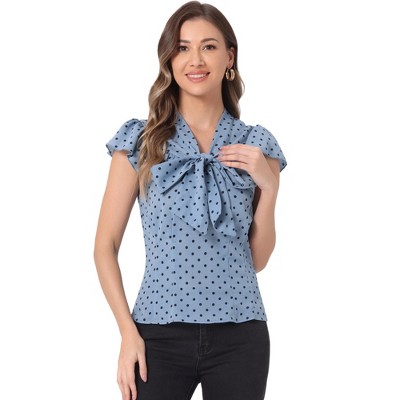 INSPIRE CHIC Women's Polka Dots Tie V Neck Flutter Cap Sleeve Blouse