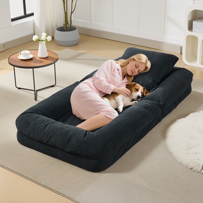 64.9 Inch Chenille Lazy Sofa Dog Bed with Fluffy Pillows/5-Position Adjustable, Foldable Upholstered Lounger Sofa Bed, for People and Pets