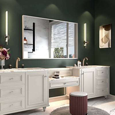 40x30inch Glossy White Rectangular Wall-Mounted Beveled Bathroom Mirror,Square Angle Metal Frame Wall Mounted Bathroom Mirrors For Wall