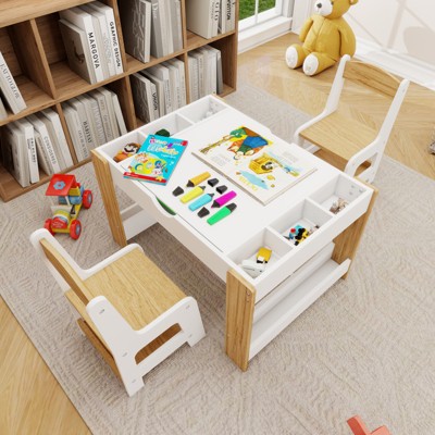 KWPZQEB Kids 2 in 1 Play Table with 7 Storage Compartments with Lego and Duplo Bricks, Built in Plate Compatible, Modern Activity Learning Table