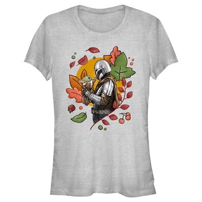 Juniors Womens Star Wars: The Mandalorian Grogu and Din Djarin Fall Leaves Love T-Shirt