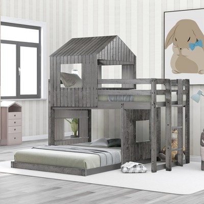 Twin Over Full Bunk Bed with Playhouse, Ladder and Guardrails