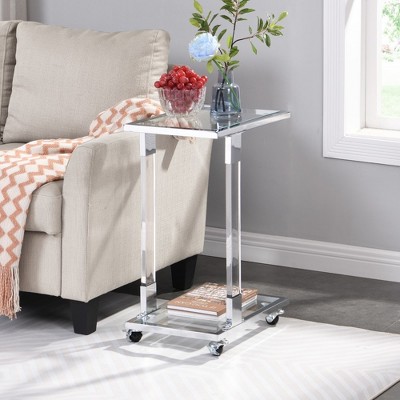 KTMBDW C Shaped End Table, Tempered Glass Snack Side Table with Metal Frame, TV Tray Table for Small Space, Sofa Couch and Bed, Modern Style