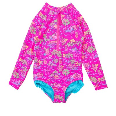 RuffleButts Girls UPF50+ Sun Protection Long Sleeve Rash Guard One Piece