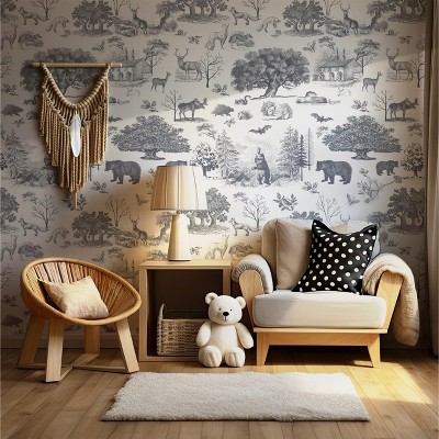 ZACHVO Woodland Toile Peel and Stick Farmhouse Wallpaper Black and White Nursery Wallpaper