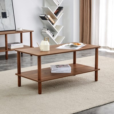 Modern 2-Tier Rectangular Coffee Table with Open Storage Shelf and Rubberwood Legs