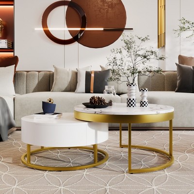 31.5" Modern Round Lift-Top Nesting Coffee Tables with 2 Drawers in White & Natural for Living Room, Apartment, or Lounge
