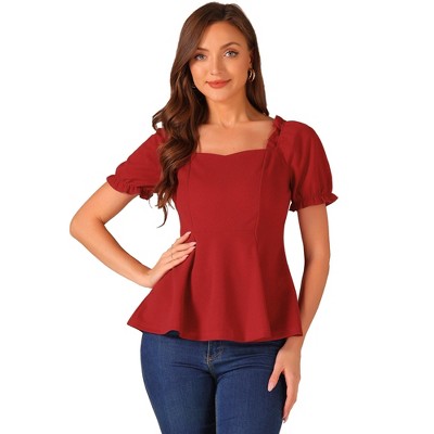 Allegra K Women's Sweetheart Neck Puff Ruffle Sleeve Elegant Peplum Top