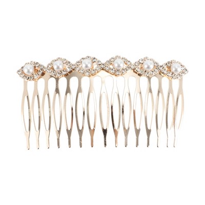 Unique Bargains Women's Faux Pearl Oval Shape Hair Insert Comb Gold Tone 1 Pc