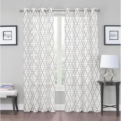 Kate Aurora 2 Piece Gray & White Crushed Sheer Trellis Grommet Top Curtain Panels