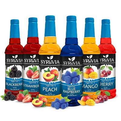 Syruvia Sugar Free Coffee Flavors Variety Pack: Peach, Blue Raspberry, Strawberry, Blackberry, Mango, Cherry 25.4 fl oz Syrup