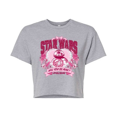 Women's - Star Wars - Valentine Bb8 Yoda and friends Collegiate Cropped Graphic T-Shirt