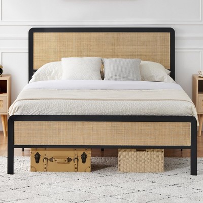 Whizmax Bed Frame, Boho Rattan Headboard, Heavy Duty Metal Slats, No Box Spring Needed, Noise-Free, Easy Assembly