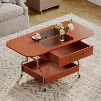 Zeus & Ruta Modern Folding Coffee Table with Wheels with 1 Drawer & 2-Tier Storage, Metal Frame for Living Room