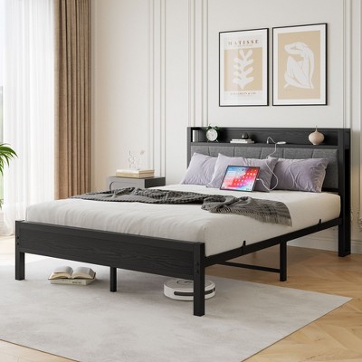 CAVINAS Bed Frame with Storage, Twin Bed Frames with Charging Station, Modern Bed Frame Twin Size with Headboard for Bedroom