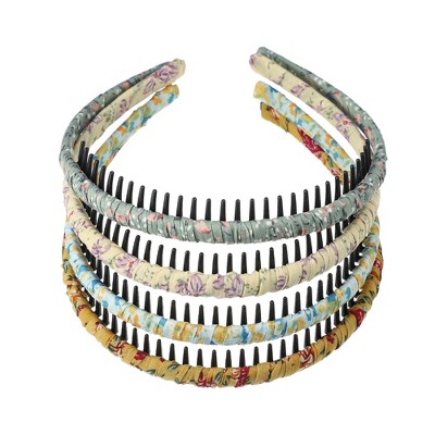 Unique Bargains Women's Elastic Teeth Comb Floral Pattern Headbands Green Yellow 4 Pcs