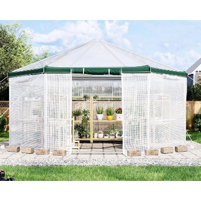 AMERLIFE 13.5x13.5x9 FT Hexagonal Walk-in Greenhouse, Windbreak Ropes, Waterproof PE Cover